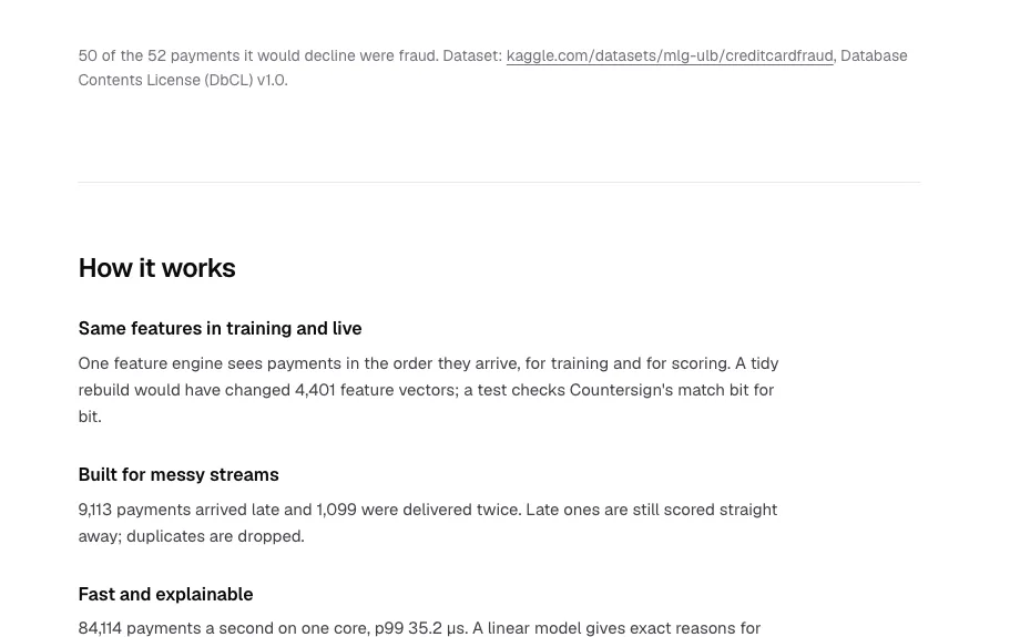 How Countersign works: the same features in training and live scoring, handling late and duplicated events, and fast, explainable scores.